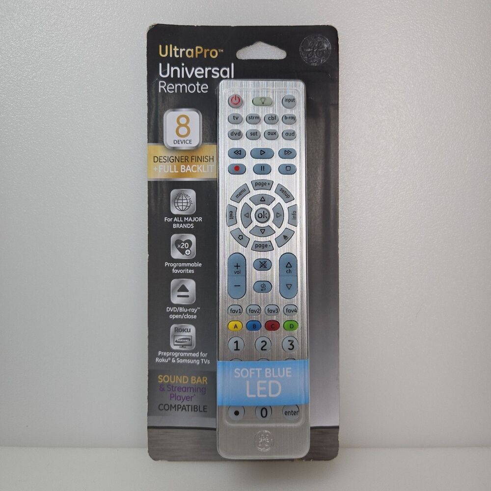 GE UltraPro Universal 8-Device Remote Control Soft Blue LED Backlight Silver